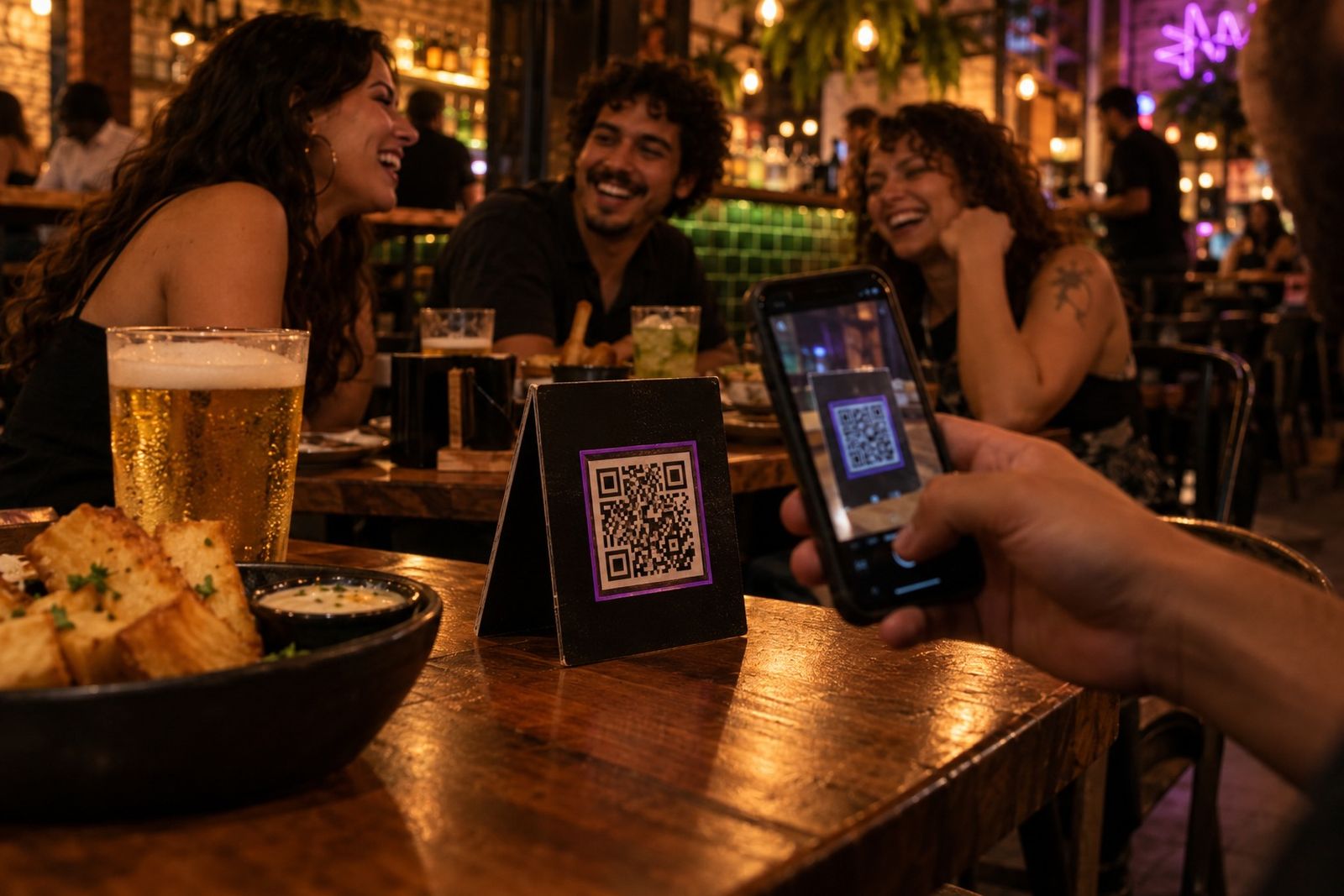 Cliente aponta o celular para o QR code do display de mesa, ao lado de um chopp