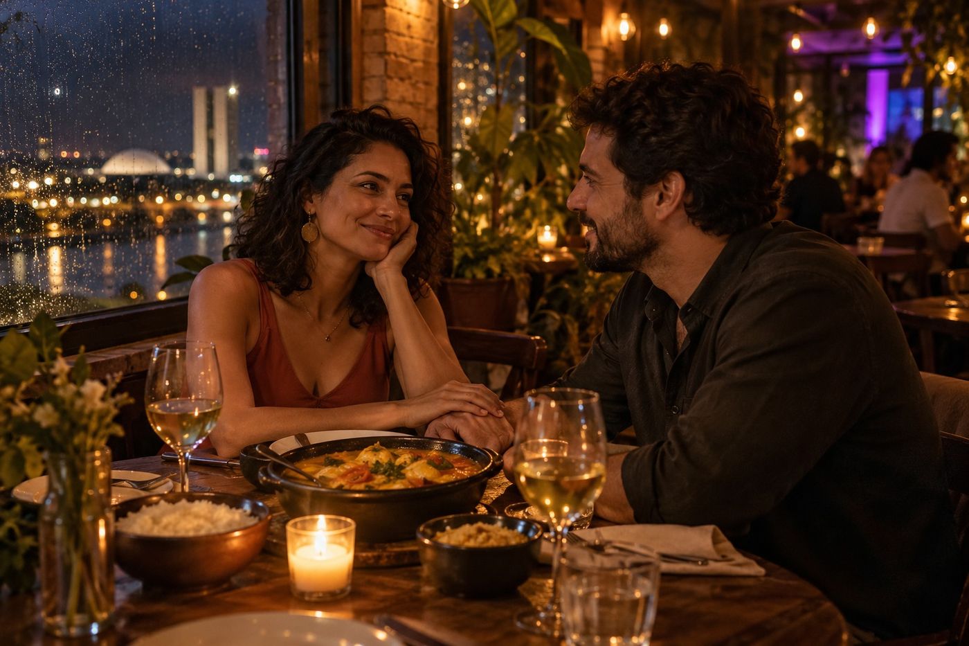 Camila e Bruno jantam moqueca na mesa da janela