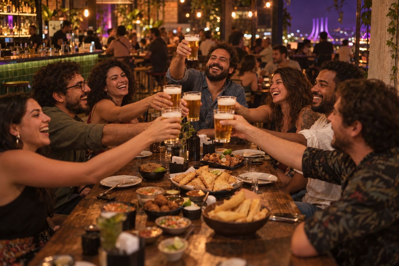Rafa e a turma brindam com chopp na mesa grande