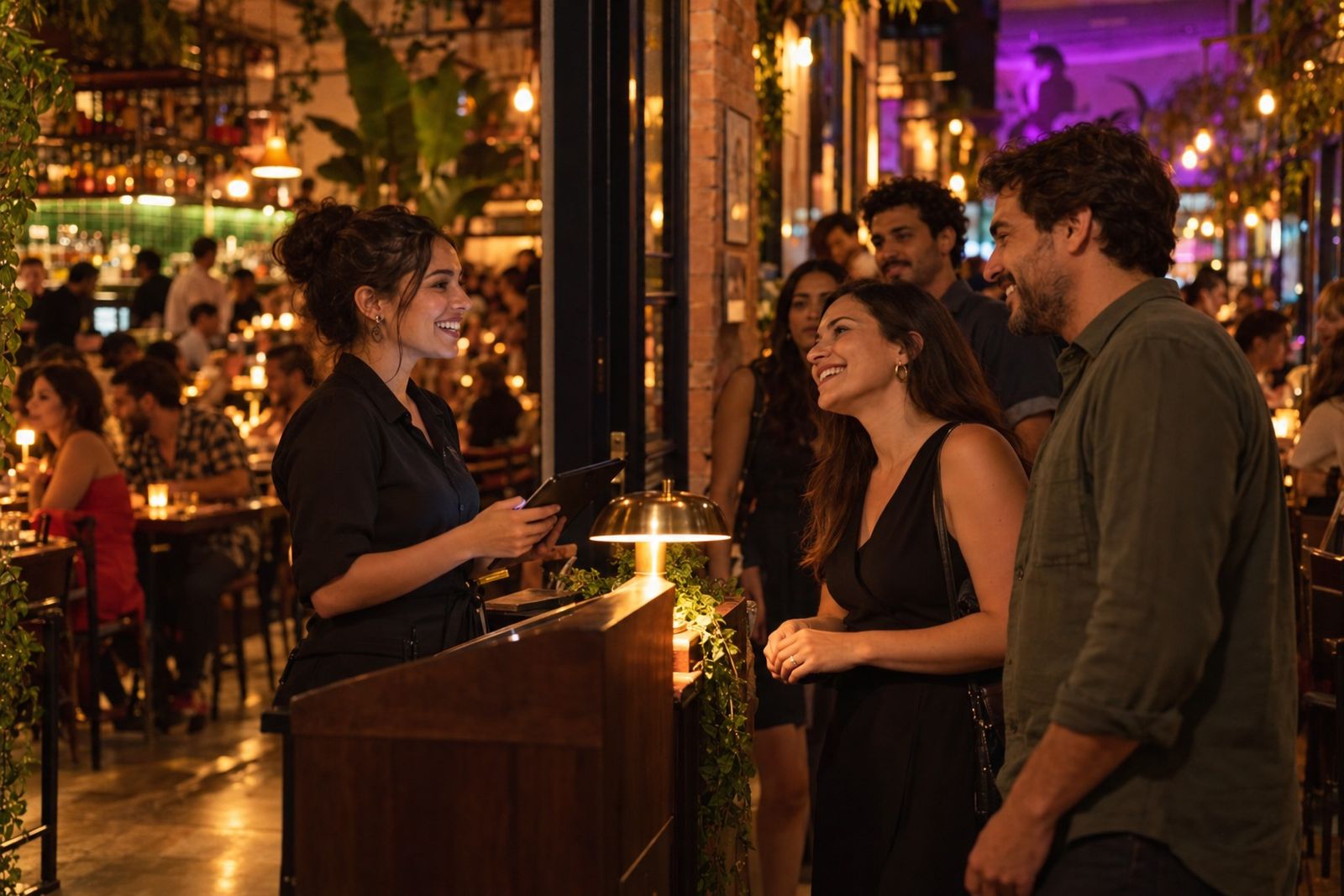 Hostess com tablet recebe um casal na entrada do restaurante