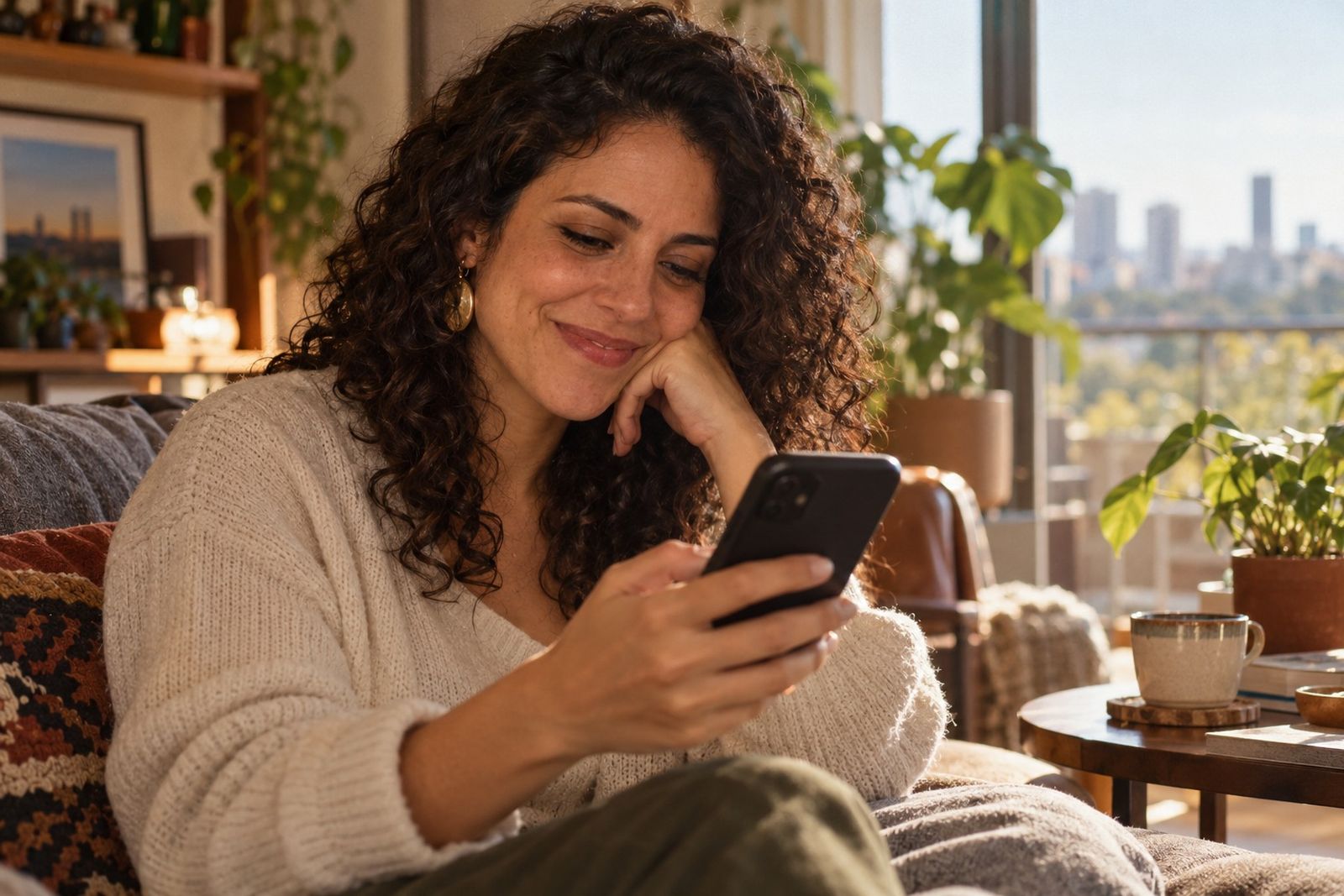 Camila lê em casa a mensagem do restaurante no celular