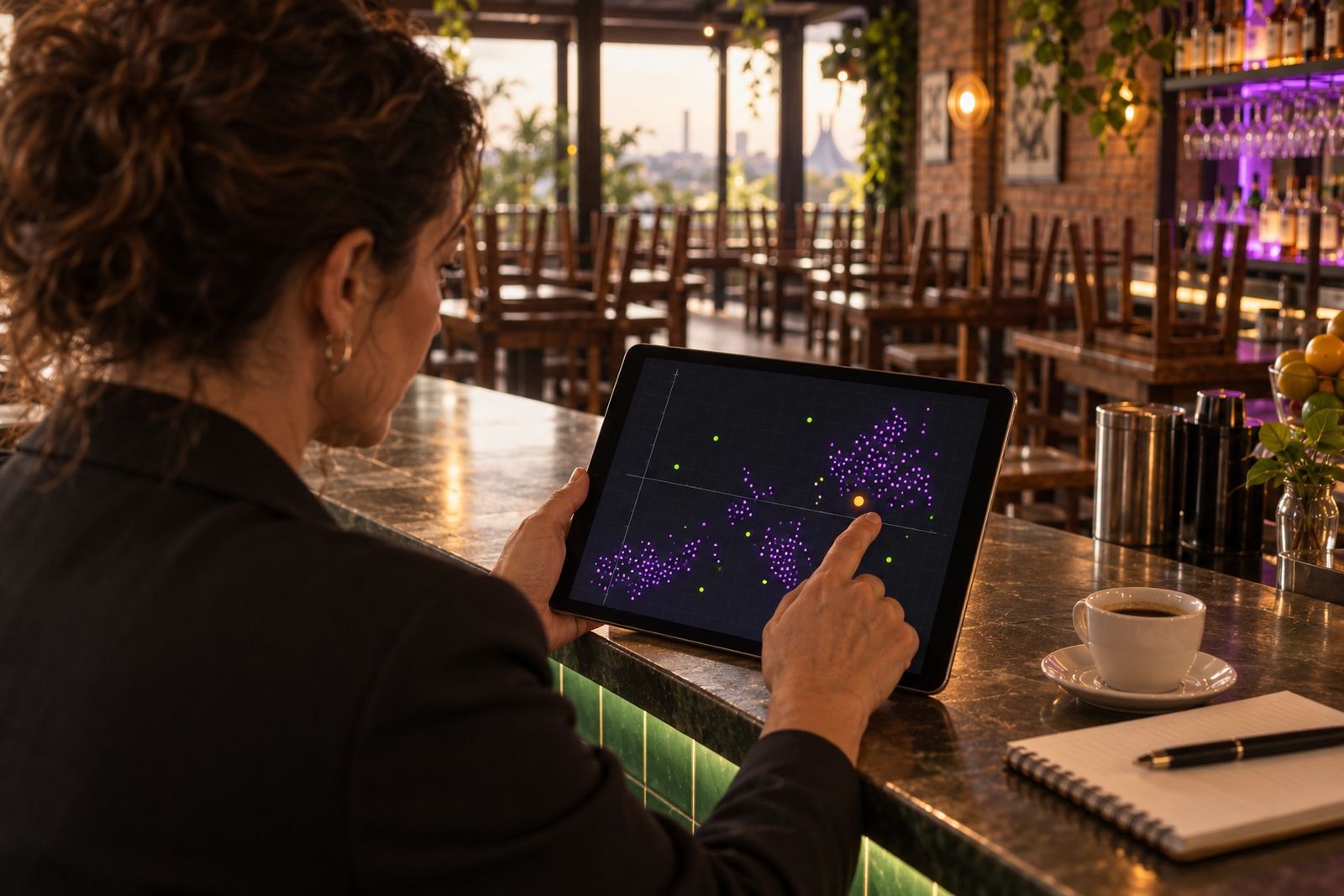 Gerente analisa no tablet o mapa de clientes antes de abrir a casa